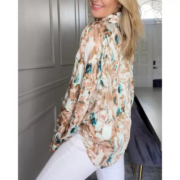 imageBTFBM Womens Casual Boho Blouse Tops Abstract Print V Neck Loose Lantern Long Sleeve 2023 Summer Fall Blouses ShirtsPrint Khaki