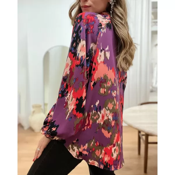 imageBTFBM Womens Casual Boho Blouse Tops Abstract Print V Neck Loose Lantern Long Sleeve 2023 Summer Fall Blouses ShirtsPrint Purple