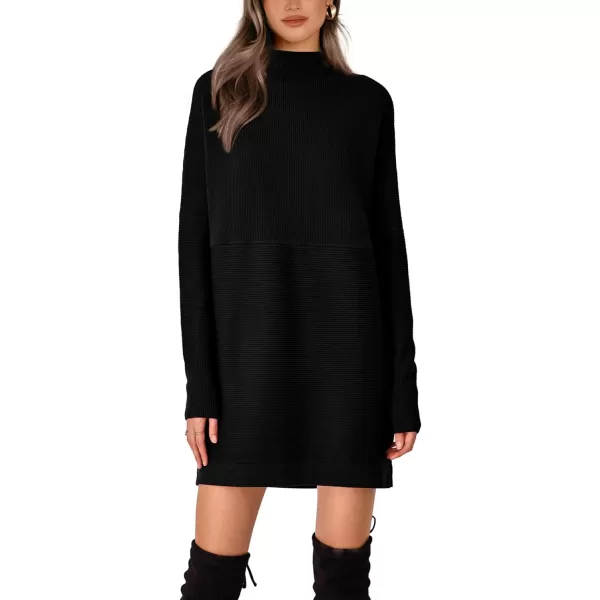 imageBTFBM Womens Casual Knit Long Pullover Sweaters Tops Mock Neck Long Sleeve Oversized Fall Winter Sweater Dresses 2023Solid Black