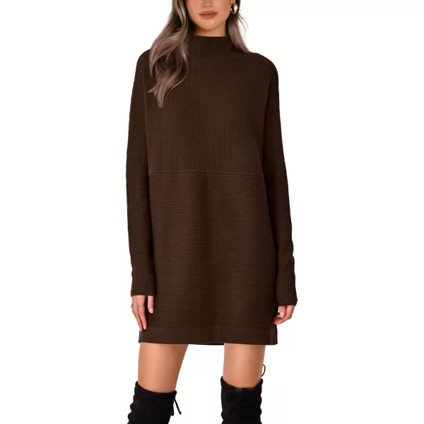 imageBTFBM Womens Casual Knit Long Pullover Sweaters Tops Mock Neck Long Sleeve Oversized Fall Winter Sweater Dresses 2023Solid Coffee