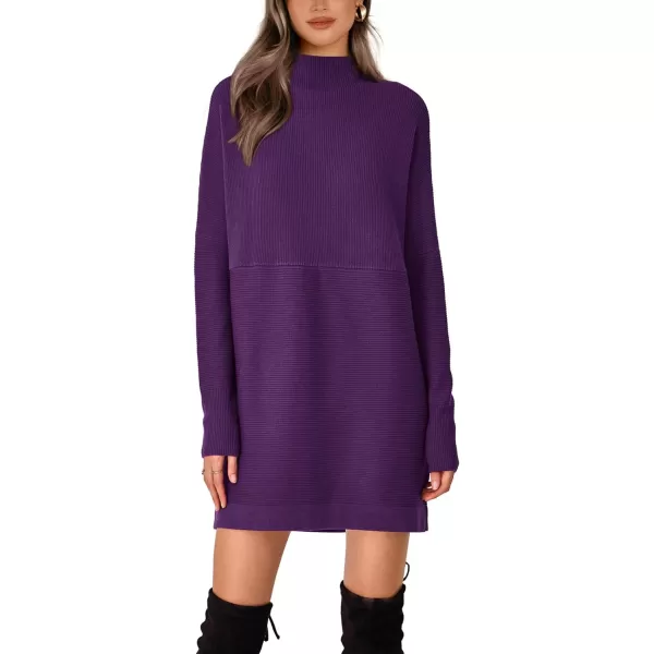 imageBTFBM Womens Casual Knit Long Pullover Sweaters Tops Mock Neck Long Sleeve Oversized Fall Winter Sweater Dresses 2023Solid Purple