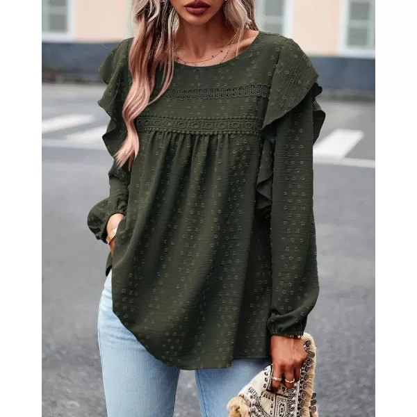 imageBTFBM Womens Casual Long Sleeve Blouse Ruffle Trim Crew Neck Crochet Loose Swiss Dot Flowy Babydoll Shirts Tunic TopsSwiss Dot Army Green