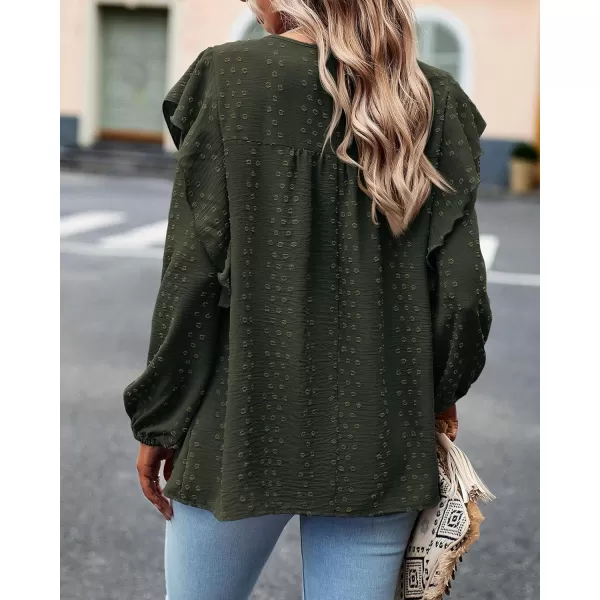 imageBTFBM Womens Casual Long Sleeve Blouse Ruffle Trim Crew Neck Crochet Loose Swiss Dot Flowy Babydoll Shirts Tunic TopsSwiss Dot Army Green