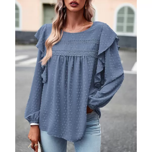 imageBTFBM Womens Casual Long Sleeve Blouse Ruffle Trim Crew Neck Crochet Loose Swiss Dot Flowy Babydoll Shirts Tunic TopsSwiss Dot Blue