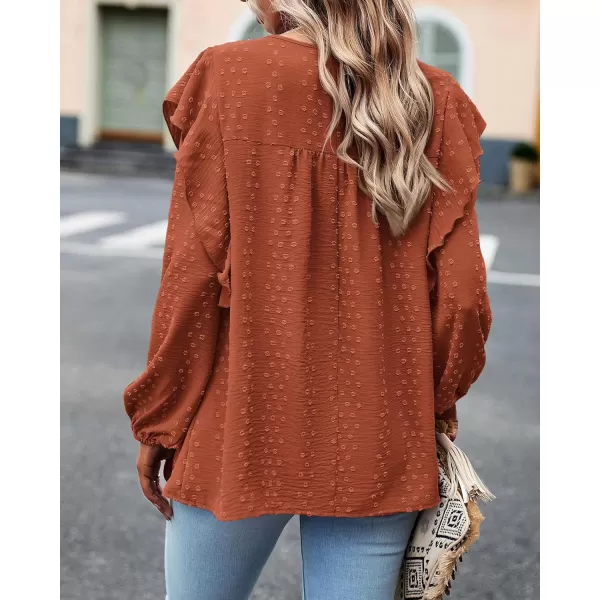 imageBTFBM Womens Casual Long Sleeve Blouse Ruffle Trim Crew Neck Crochet Loose Swiss Dot Flowy Babydoll Shirts Tunic TopsSwiss Dot Brick Red