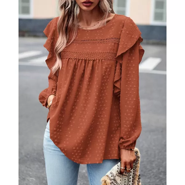imageBTFBM Womens Casual Long Sleeve Blouse Ruffle Trim Crew Neck Crochet Loose Swiss Dot Flowy Babydoll Shirts Tunic TopsSwiss Dot Brick Red