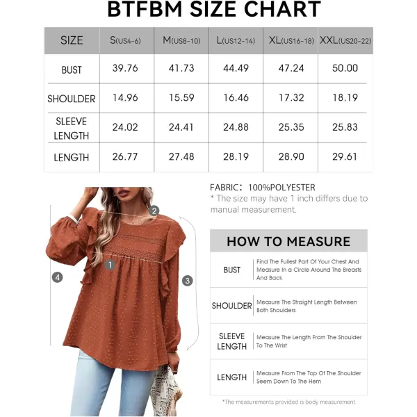 imageBTFBM Womens Casual Long Sleeve Blouse Ruffle Trim Crew Neck Crochet Loose Swiss Dot Flowy Babydoll Shirts Tunic TopsSwiss Dot Brick Red