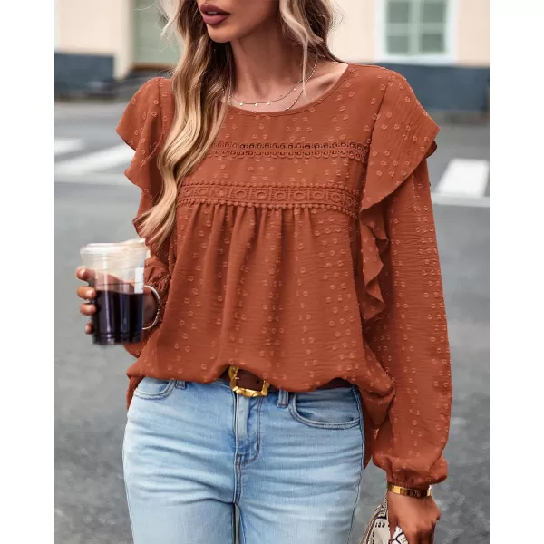imageBTFBM Womens Casual Long Sleeve Blouse Ruffle Trim Crew Neck Crochet Loose Swiss Dot Flowy Babydoll Shirts Tunic TopsSwiss Dot Brick Red