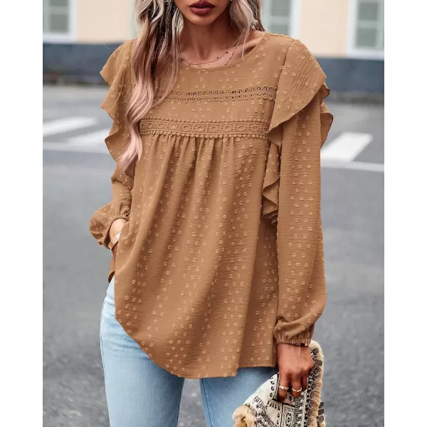 imageBTFBM Womens Casual Long Sleeve Blouse Ruffle Trim Crew Neck Crochet Loose Swiss Dot Flowy Babydoll Shirts Tunic TopsSwiss Dot Brown