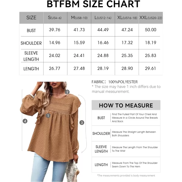 imageBTFBM Womens Casual Long Sleeve Blouse Ruffle Trim Crew Neck Crochet Loose Swiss Dot Flowy Babydoll Shirts Tunic TopsSwiss Dot Brown