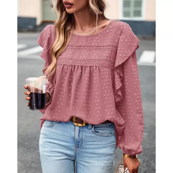 imageBTFBM Womens Casual Long Sleeve Blouse Ruffle Trim Crew Neck Crochet Loose Swiss Dot Flowy Babydoll Shirts Tunic TopsSwiss Dot Pink