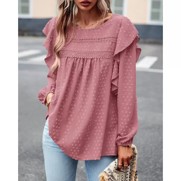 imageBTFBM Womens Casual Long Sleeve Blouse Ruffle Trim Crew Neck Crochet Loose Swiss Dot Flowy Babydoll Shirts Tunic TopsSwiss Dot Pink