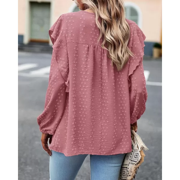 imageBTFBM Womens Casual Long Sleeve Blouse Ruffle Trim Crew Neck Crochet Loose Swiss Dot Flowy Babydoll Shirts Tunic TopsSwiss Dot Pink