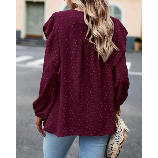imageBTFBM Womens Casual Long Sleeve Blouse Ruffle Trim Crew Neck Crochet Loose Swiss Dot Flowy Babydoll Shirts Tunic TopsSwiss Dot Wine Red