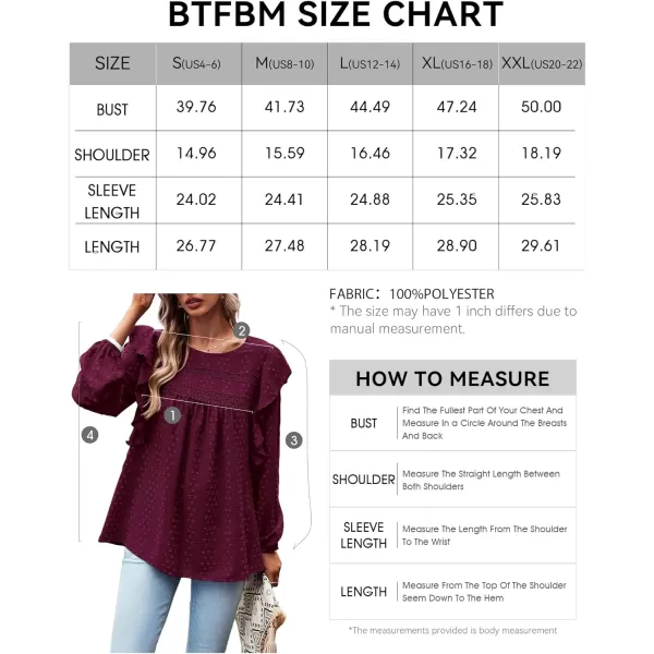 imageBTFBM Womens Casual Long Sleeve Blouse Ruffle Trim Crew Neck Crochet Loose Swiss Dot Flowy Babydoll Shirts Tunic TopsSwiss Dot Wine Red