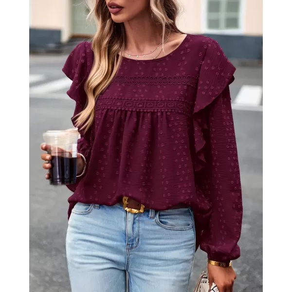 imageBTFBM Womens Casual Long Sleeve Blouse Ruffle Trim Crew Neck Crochet Loose Swiss Dot Flowy Babydoll Shirts Tunic TopsSwiss Dot Wine Red