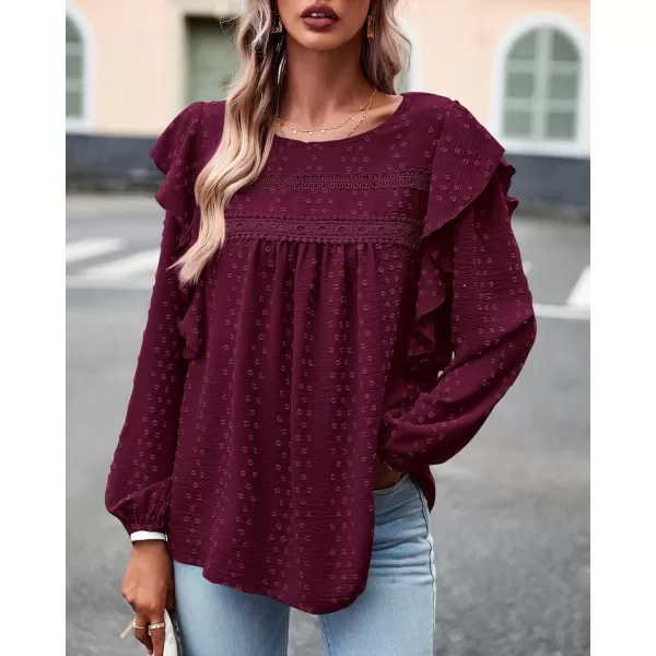 imageBTFBM Womens Casual Long Sleeve Blouse Ruffle Trim Crew Neck Crochet Loose Swiss Dot Flowy Babydoll Shirts Tunic TopsSwiss Dot Wine Red