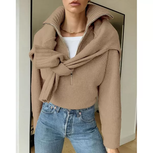 imageBTFBM Womens Casual Long Sleeve Half Zip Pullover Sweaters Solid V Neck Collar Ribbed Knitted Loose Slouchy Jumper TopsLight Khaki