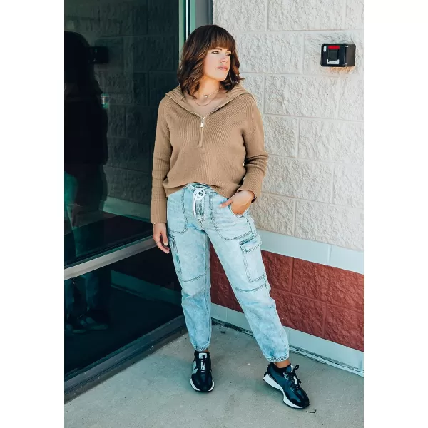 imageBTFBM Womens Casual Long Sleeve Half Zip Pullover Sweaters Solid V Neck Collar Ribbed Knitted Loose Slouchy Jumper TopsLight Khaki