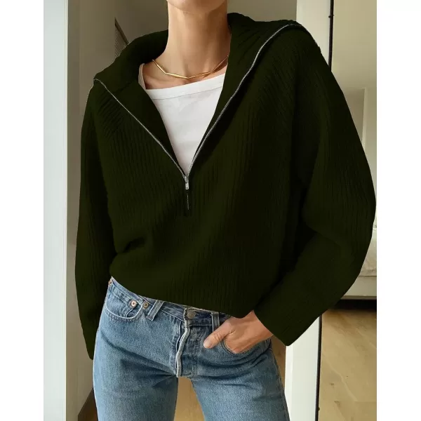 imageBTFBM Womens Casual Long Sleeve Half Zip Pullover Sweaters Solid V Neck Collar Ribbed Knitted Loose Slouchy Jumper TopsSolid Army Green
