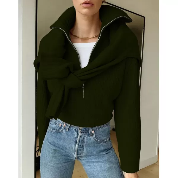imageBTFBM Womens Casual Long Sleeve Half Zip Pullover Sweaters Solid V Neck Collar Ribbed Knitted Loose Slouchy Jumper TopsSolid Army Green