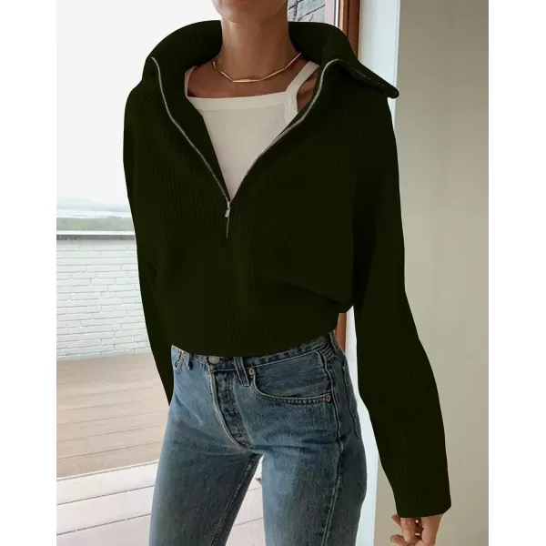 imageBTFBM Womens Casual Long Sleeve Half Zip Pullover Sweaters Solid V Neck Collar Ribbed Knitted Loose Slouchy Jumper TopsSolid Army Green