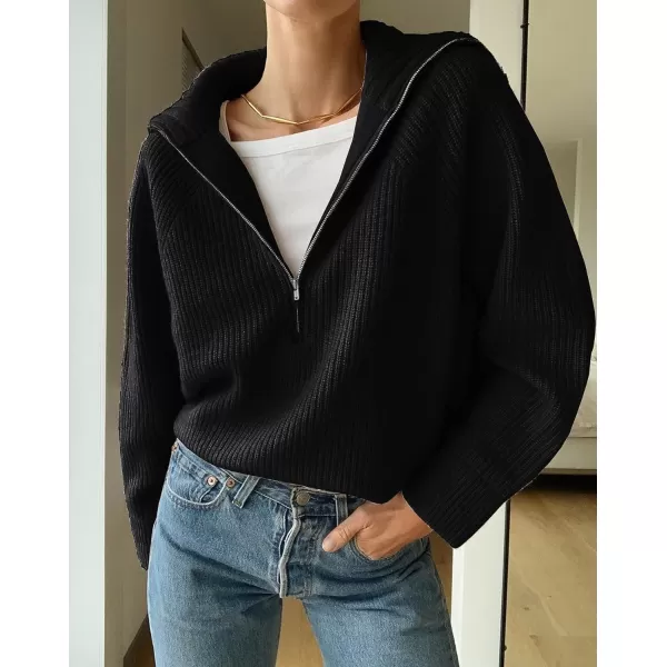 imageBTFBM Womens Casual Long Sleeve Half Zip Pullover Sweaters Solid V Neck Collar Ribbed Knitted Loose Slouchy Jumper TopsSolid Black