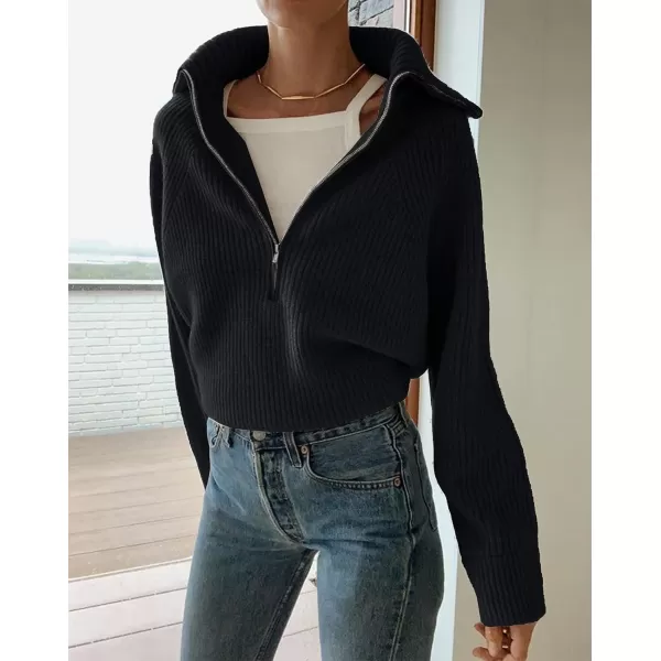 imageBTFBM Womens Casual Long Sleeve Half Zip Pullover Sweaters Solid V Neck Collar Ribbed Knitted Loose Slouchy Jumper TopsSolid Black