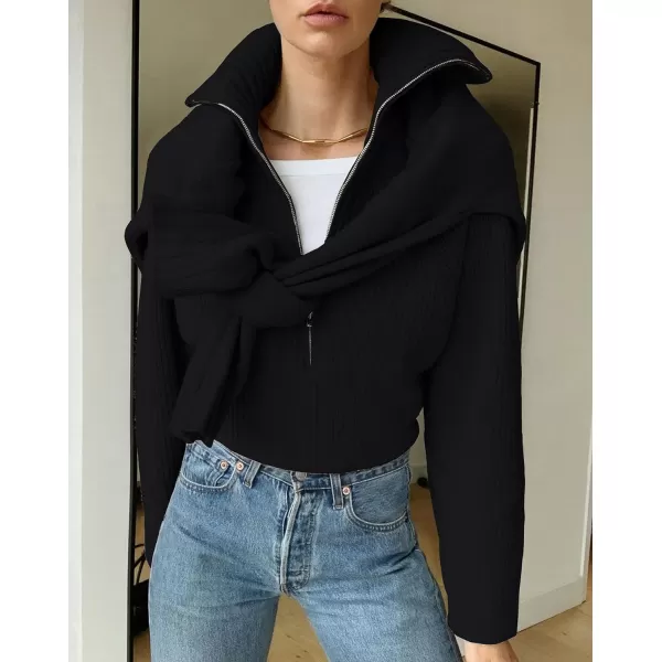 imageBTFBM Womens Casual Long Sleeve Half Zip Pullover Sweaters Solid V Neck Collar Ribbed Knitted Loose Slouchy Jumper TopsSolid Black