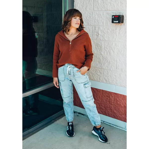 imageBTFBM Womens Casual Long Sleeve Half Zip Pullover Sweaters Solid V Neck Collar Ribbed Knitted Loose Slouchy Jumper TopsSolid Caramel