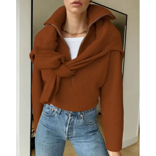 imageBTFBM Womens Casual Long Sleeve Half Zip Pullover Sweaters Solid V Neck Collar Ribbed Knitted Loose Slouchy Jumper TopsSolid Caramel