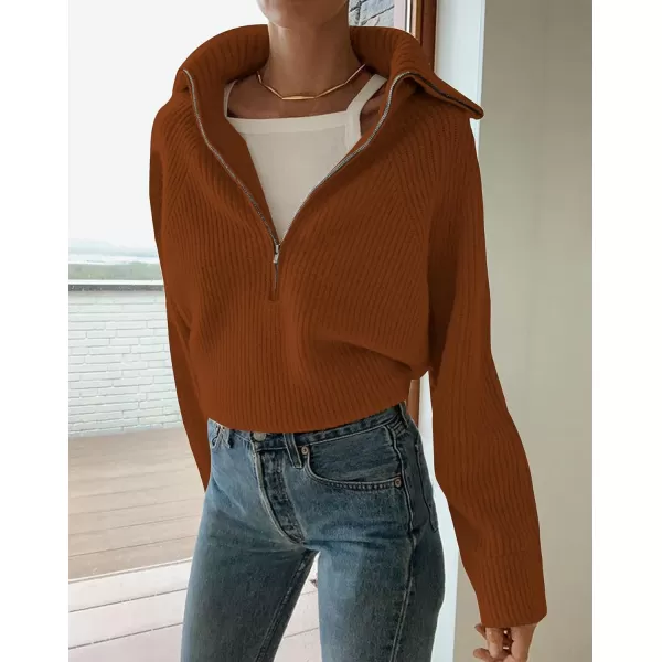 imageBTFBM Womens Casual Long Sleeve Half Zip Pullover Sweaters Solid V Neck Collar Ribbed Knitted Loose Slouchy Jumper TopsSolid Caramel