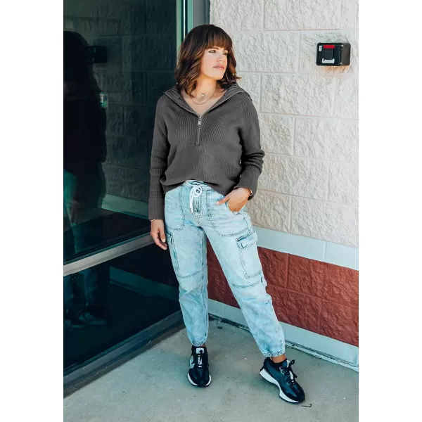 imageBTFBM Womens Casual Long Sleeve Half Zip Pullover Sweaters Solid V Neck Collar Ribbed Knitted Loose Slouchy Jumper TopsSolid Dark Grey