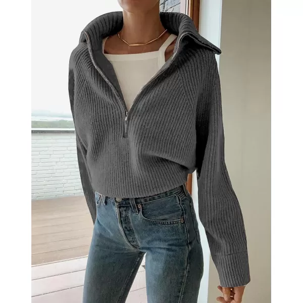 imageBTFBM Womens Casual Long Sleeve Half Zip Pullover Sweaters Solid V Neck Collar Ribbed Knitted Loose Slouchy Jumper TopsSolid Dark Grey