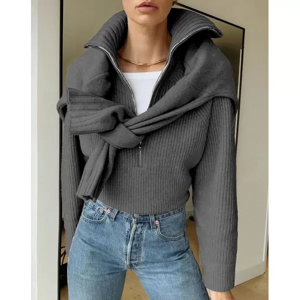 imageBTFBM Womens Casual Long Sleeve Half Zip Pullover Sweaters Solid V Neck Collar Ribbed Knitted Loose Slouchy Jumper TopsSolid Dark Grey