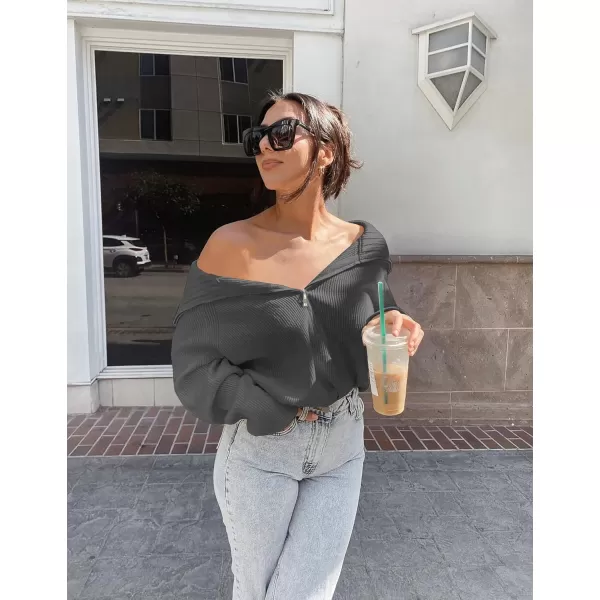 imageBTFBM Womens Casual Long Sleeve Half Zip Pullover Sweaters Solid V Neck Collar Ribbed Knitted Loose Slouchy Jumper TopsSolid Dark Grey