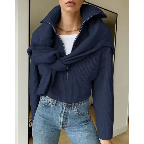 imageBTFBM Womens Casual Long Sleeve Half Zip Pullover Sweaters Solid V Neck Collar Ribbed Knitted Loose Slouchy Jumper TopsSolid Denim Blue