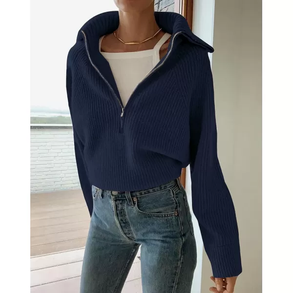 imageBTFBM Womens Casual Long Sleeve Half Zip Pullover Sweaters Solid V Neck Collar Ribbed Knitted Loose Slouchy Jumper TopsSolid Denim Blue