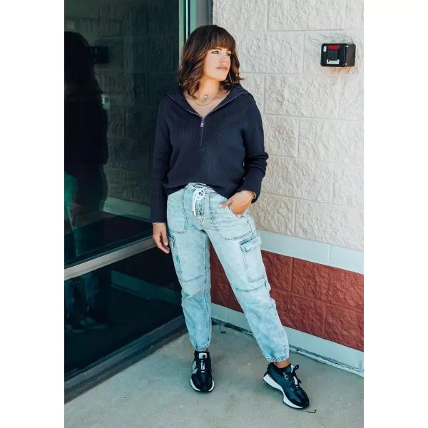 imageBTFBM Womens Casual Long Sleeve Half Zip Pullover Sweaters Solid V Neck Collar Ribbed Knitted Loose Slouchy Jumper TopsSolid Denim Blue