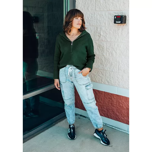 imageBTFBM Womens Casual Long Sleeve Half Zip Pullover Sweaters Solid V Neck Collar Ribbed Knitted Loose Slouchy Jumper TopsSolid Green