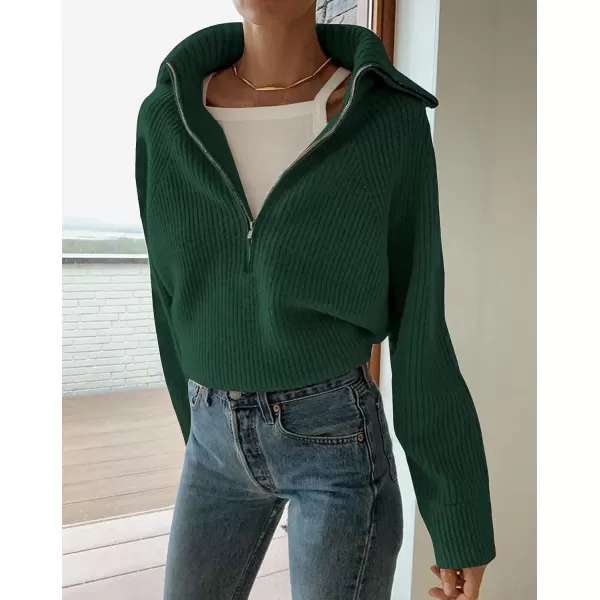 imageBTFBM Womens Casual Long Sleeve Half Zip Pullover Sweaters Solid V Neck Collar Ribbed Knitted Loose Slouchy Jumper TopsSolid Green