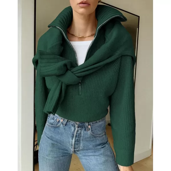 imageBTFBM Womens Casual Long Sleeve Half Zip Pullover Sweaters Solid V Neck Collar Ribbed Knitted Loose Slouchy Jumper TopsSolid Green