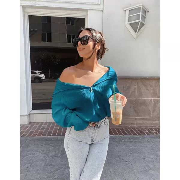imageBTFBM Womens Casual Long Sleeve Half Zip Pullover Sweaters Solid V Neck Collar Ribbed Knitted Loose Slouchy Jumper TopsSolid Grey Blue