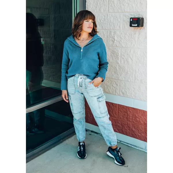 imageBTFBM Womens Casual Long Sleeve Half Zip Pullover Sweaters Solid V Neck Collar Ribbed Knitted Loose Slouchy Jumper TopsSolid Grey Blue