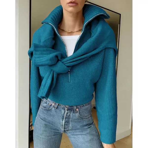 imageBTFBM Womens Casual Long Sleeve Half Zip Pullover Sweaters Solid V Neck Collar Ribbed Knitted Loose Slouchy Jumper TopsSolid Grey Blue