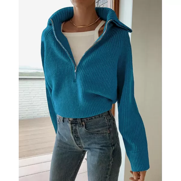 imageBTFBM Womens Casual Long Sleeve Half Zip Pullover Sweaters Solid V Neck Collar Ribbed Knitted Loose Slouchy Jumper TopsSolid Grey Blue