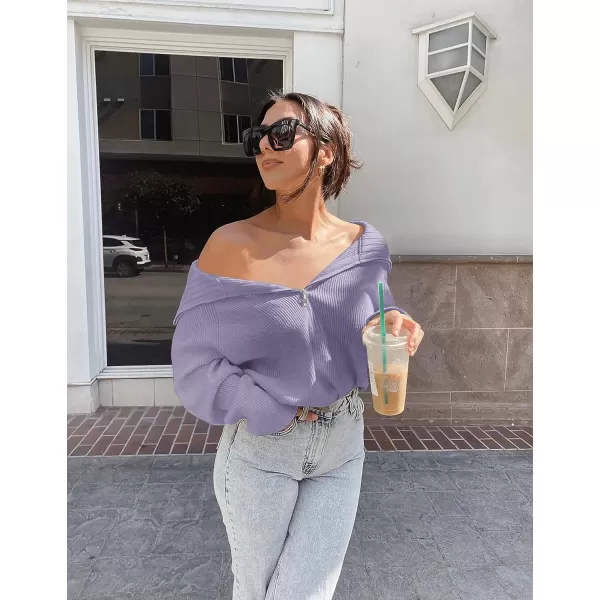 imageBTFBM Womens Casual Long Sleeve Half Zip Pullover Sweaters Solid V Neck Collar Ribbed Knitted Loose Slouchy Jumper TopsSolid Grey Purple