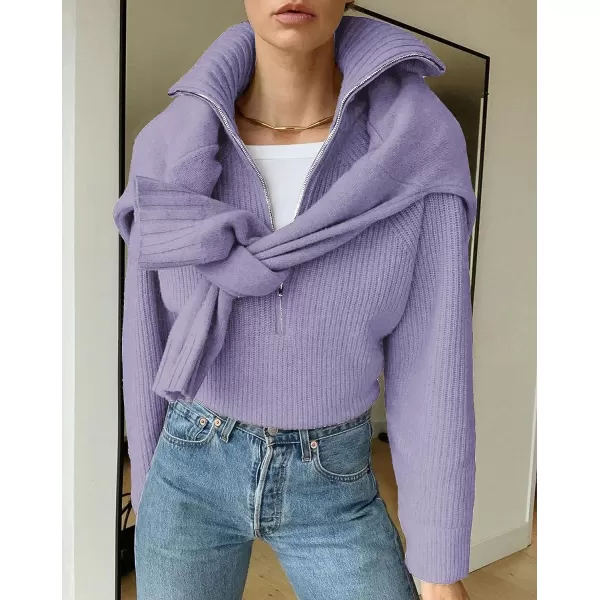 imageBTFBM Womens Casual Long Sleeve Half Zip Pullover Sweaters Solid V Neck Collar Ribbed Knitted Loose Slouchy Jumper TopsSolid Grey Purple