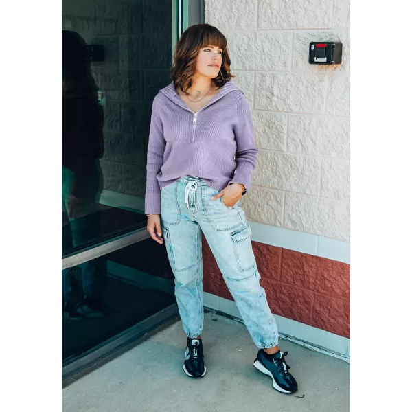 imageBTFBM Womens Casual Long Sleeve Half Zip Pullover Sweaters Solid V Neck Collar Ribbed Knitted Loose Slouchy Jumper TopsSolid Grey Purple
