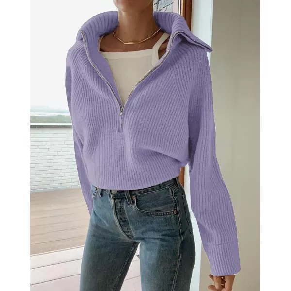 imageBTFBM Womens Casual Long Sleeve Half Zip Pullover Sweaters Solid V Neck Collar Ribbed Knitted Loose Slouchy Jumper TopsSolid Grey Purple